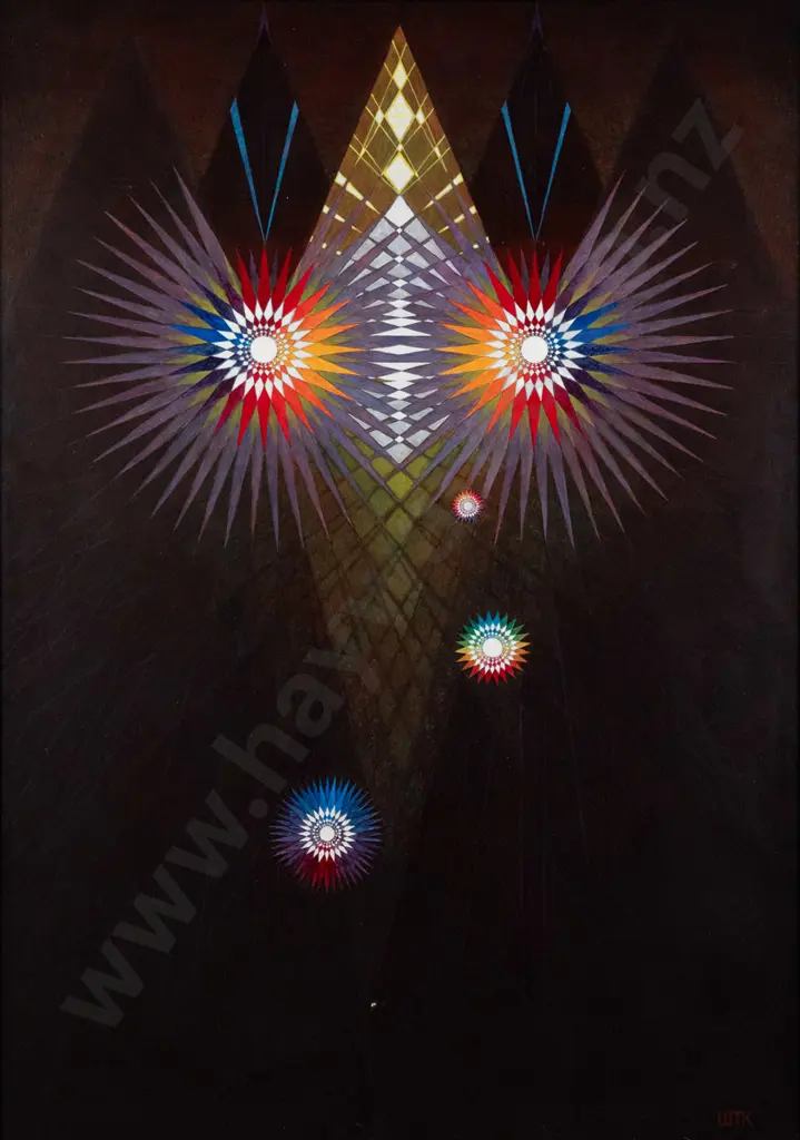 Wallace T Keown 1991 - framed acrylic "Cosmic Resonance" H-1200 W-830 (very slight damage to paint) Image 1++