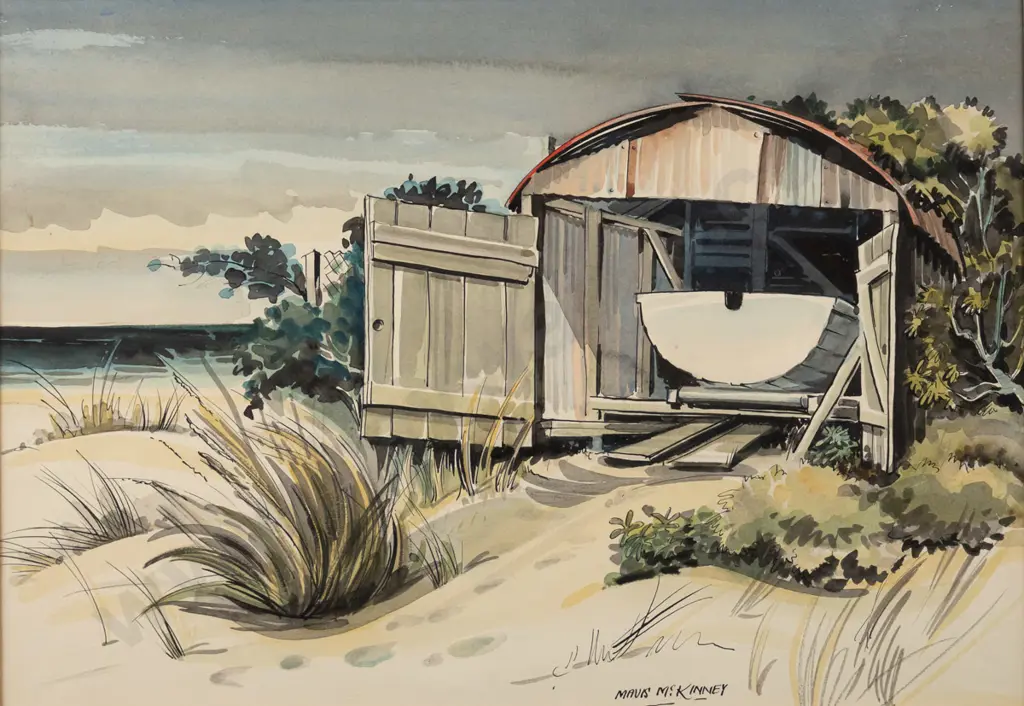 Mavis McKinney - framed ink and watercolour - dinghy in boat shed H-230 W-330 Image 1++