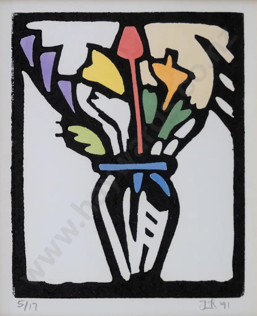 John Robinson '91 - framed linocut - flowers H-110 W-90 Image 1++