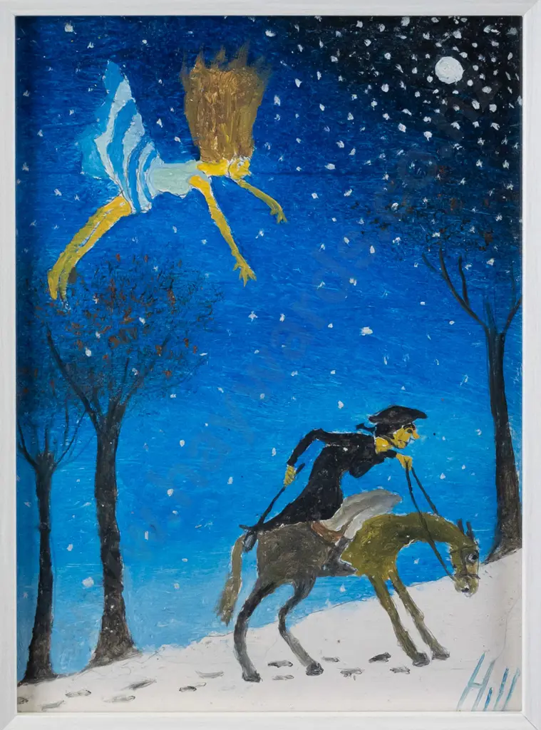 Ivan Hill - framed watercolour - person riding horse in snow H-190 W-140 Image 1++