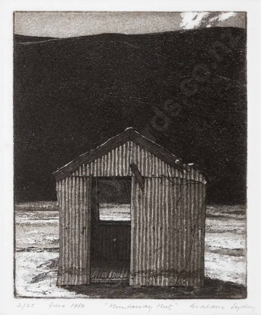 Grahame Sydney June 1980 - framed etching 2/25 "Huntaway Hut" H-140 W-105 Image 1++