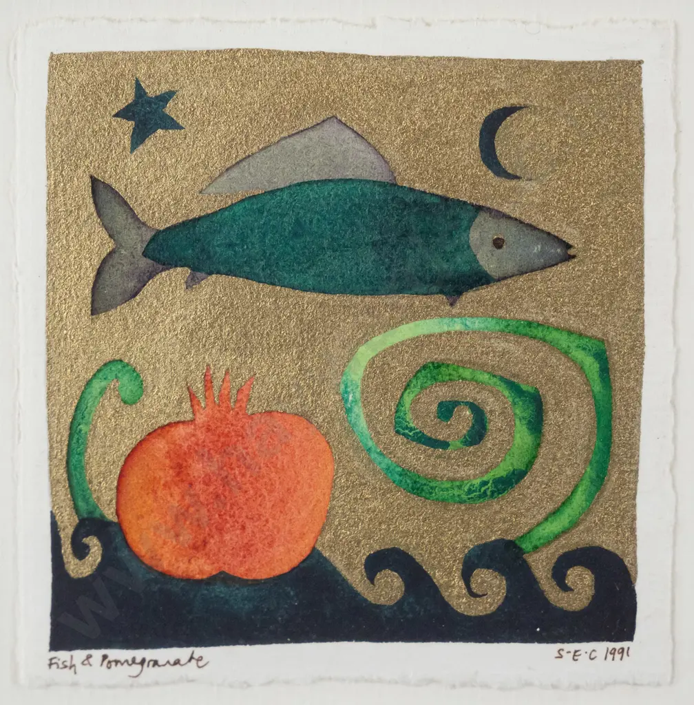 S.E.C 1991 - framed mixed media "Fish & Pomegranate' H-95 W-95 Image 1++