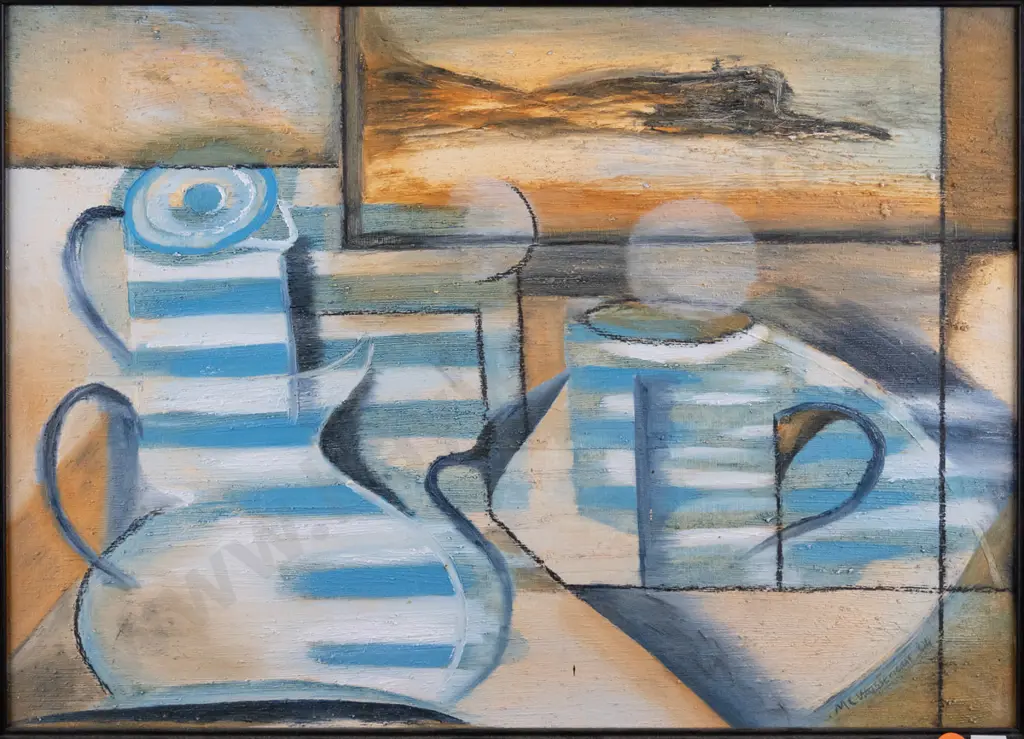 MC Wassenaar '04 - framed oil - blue and white striped objects H-295 W-410 Image 1++