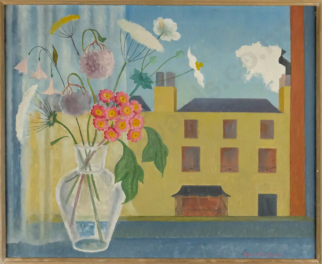 Robert Pulleine - framed oil - flowers in vase on window sill H-360 W-450 Image 1++