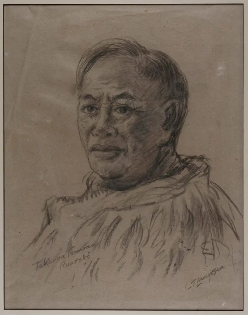 illegible signature - framed pencil - portrait Takurua Tamarau,  Ruatoki H-400 W-310 (slight creasing) Image 1++