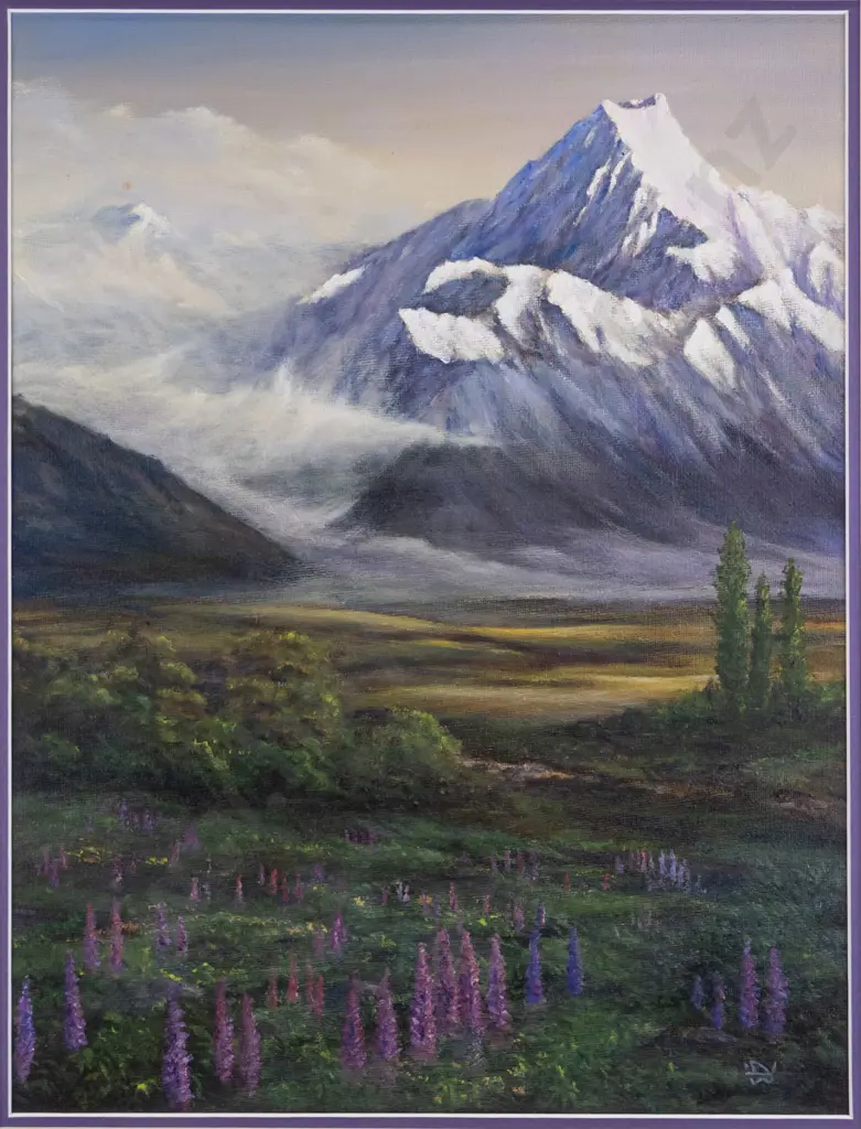Dudley Waters Aug '03 - framed oil "Mt Cook and Wild Lupins" H-450 W-350 Image 1++