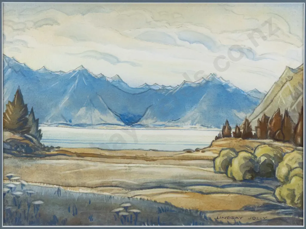 Lindsay Jolly - framed watercolour - lake and mountain scene H-260 W-330 Image 1++