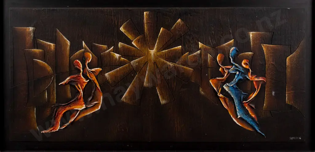 Sheridan - framed mixed media - abstract figures H-6510 W-1120 (slight scratching) Image 1++