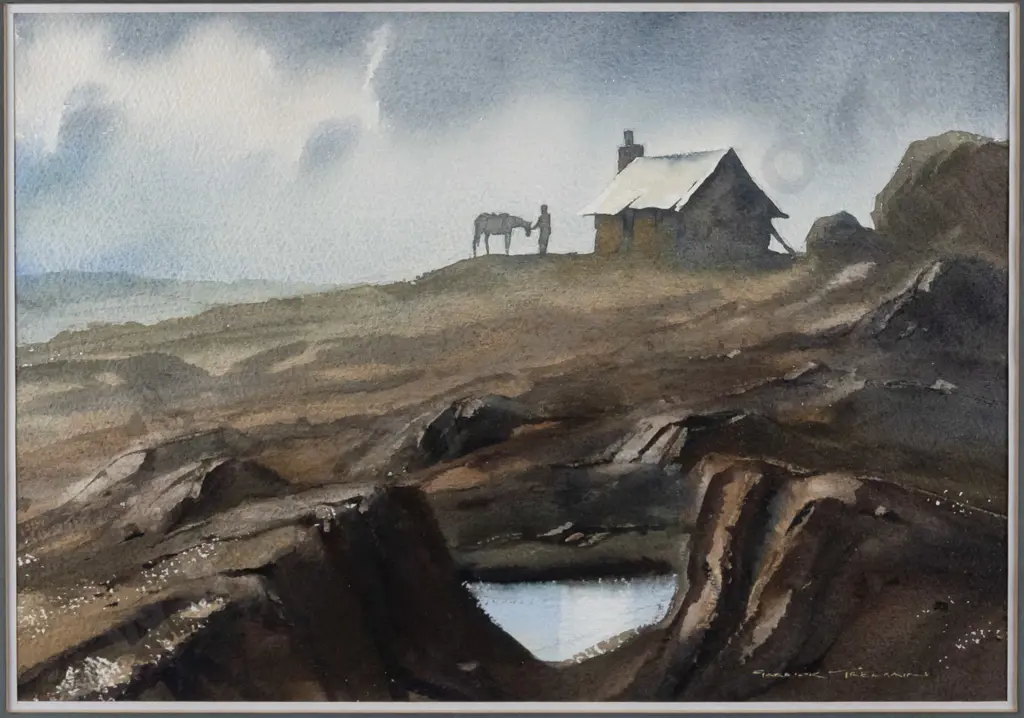 Garrick Tremain - framed watercolour - horse and rider by hut H-250 W-350 Image 1++