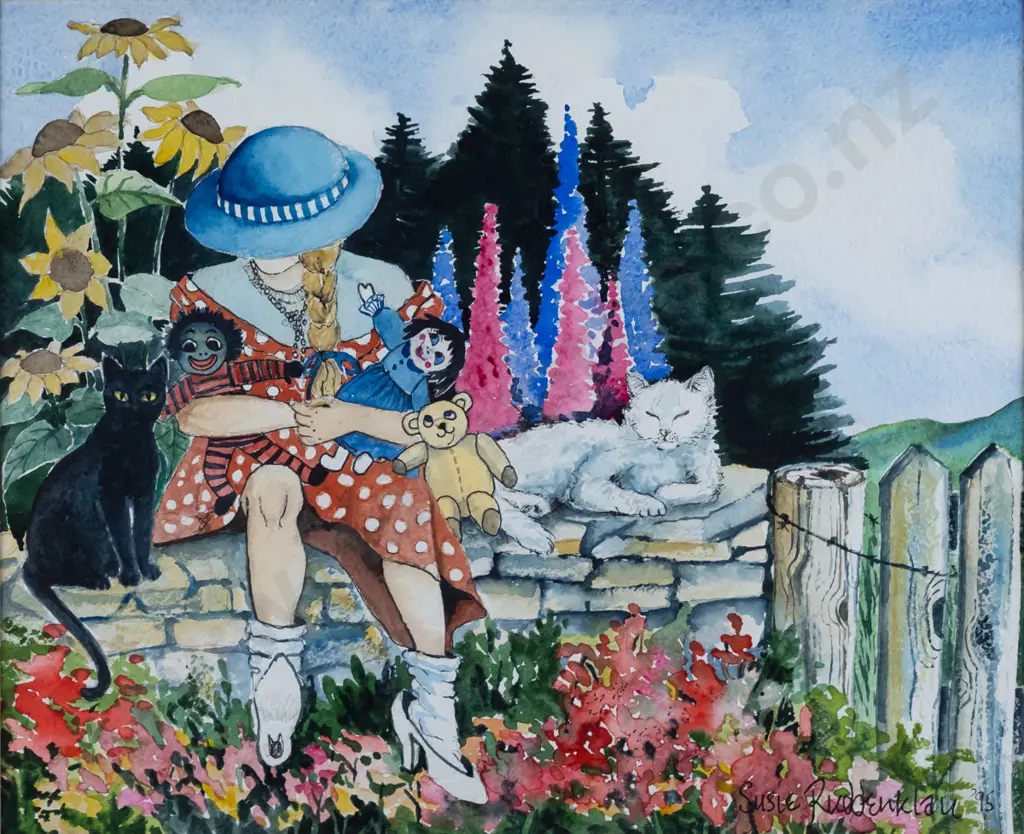 Susie Ruddenklau '95 - framed ink and watercolour - girl and cat H-290 W-350 (slight foxing to mat) Image 1++