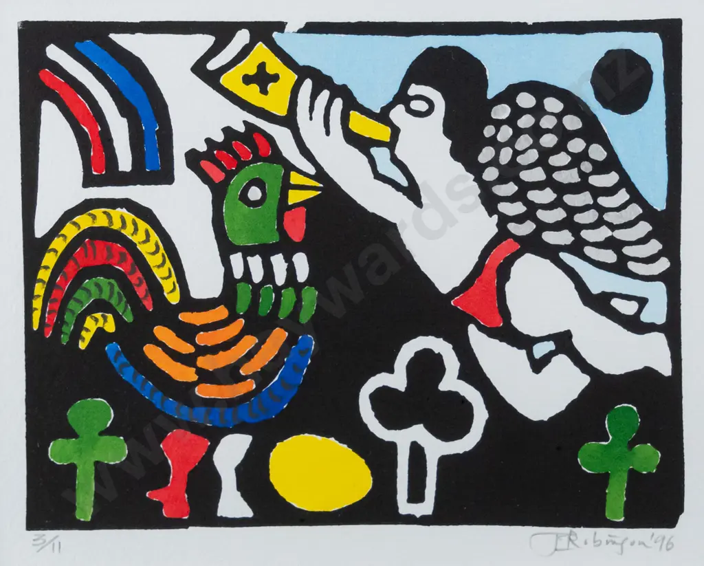 John Z Robinson '96 - framed linocut - angel and rooster H-145 W-190 Image 1++