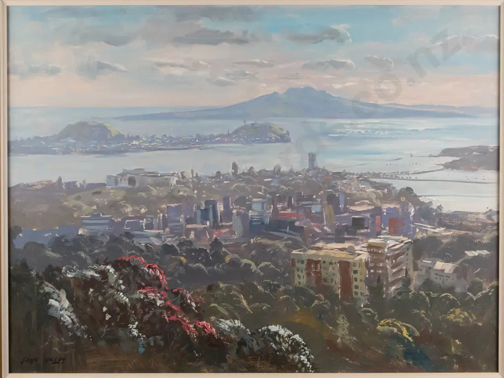 John Speedy 1990 - framed oil on canvas "Morning Light From Mt Eden" (slight damage to frame) Image 1++