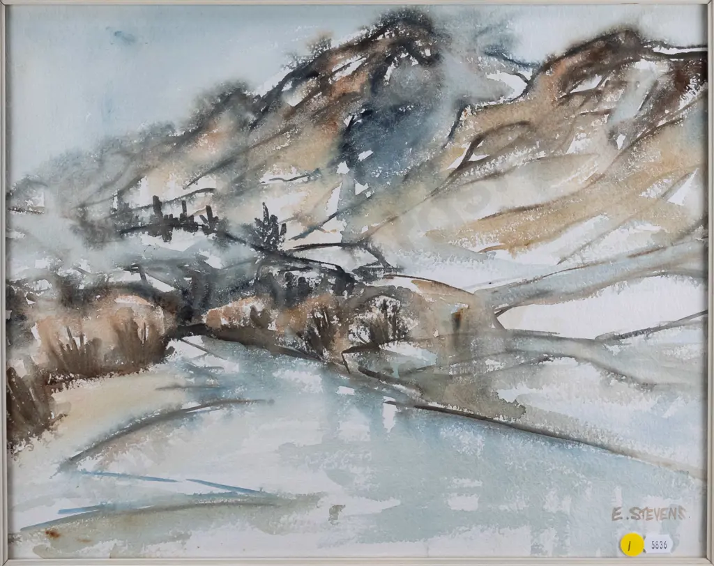 Elizabeth Stevens - framed watercolour - lake and mountain scene H-330 W-420 Image 1++