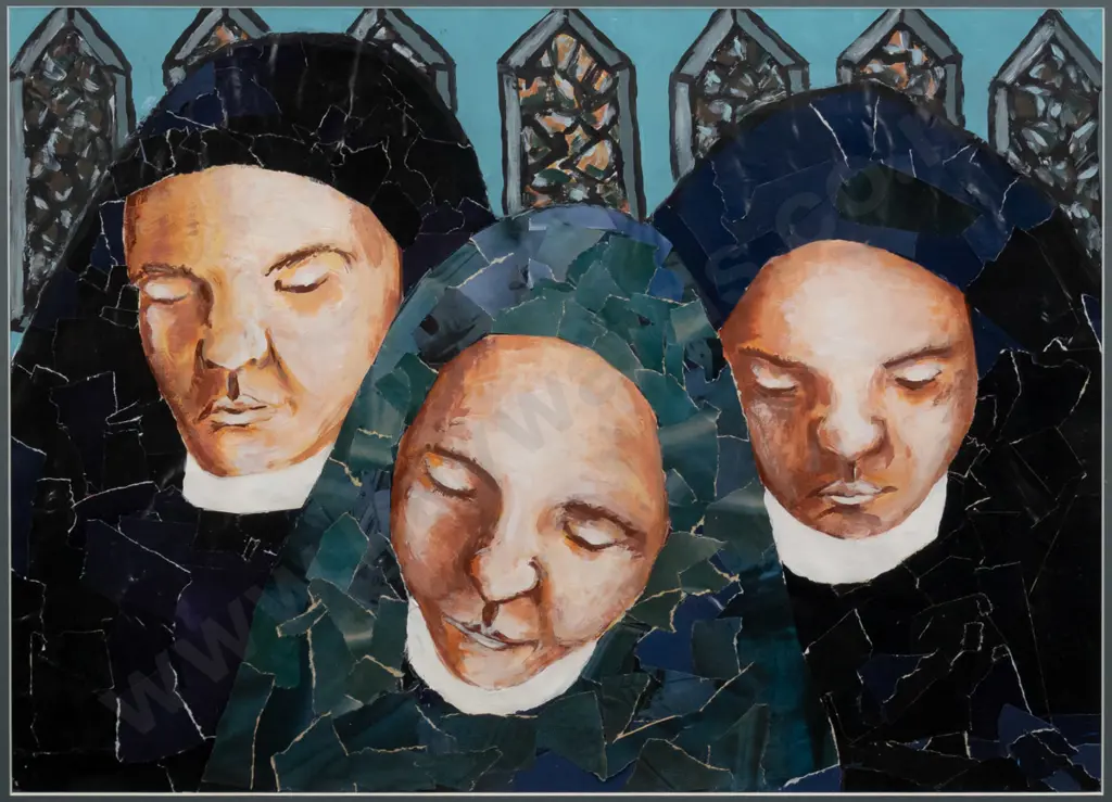 unsigned framed mixed media collage - nuns H-410 W-570 Image 1++