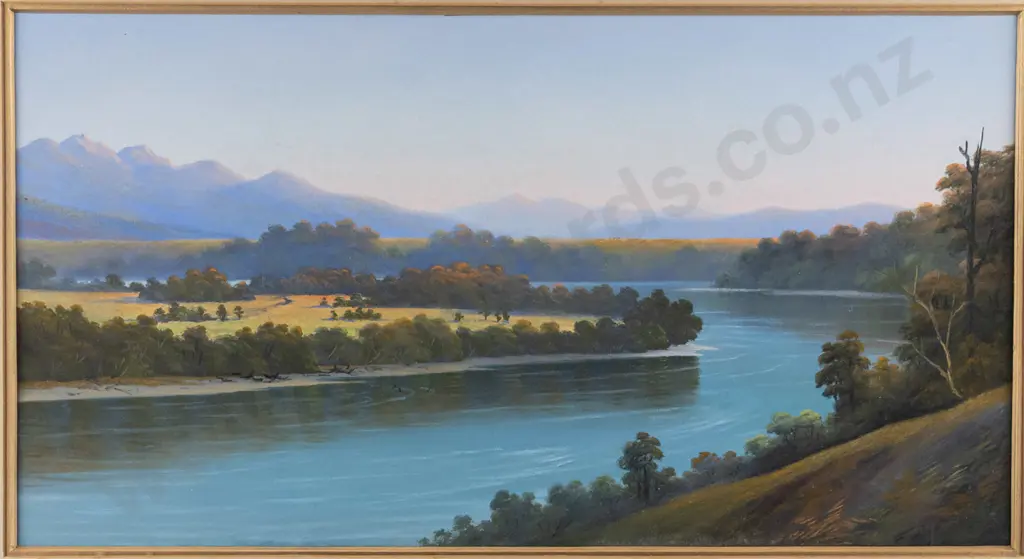 John Douglas Perrett - framed pastel -  "The Waiau River above Tuatapere Township" H-270 W-500 (slight foxing to mat) Image 1++