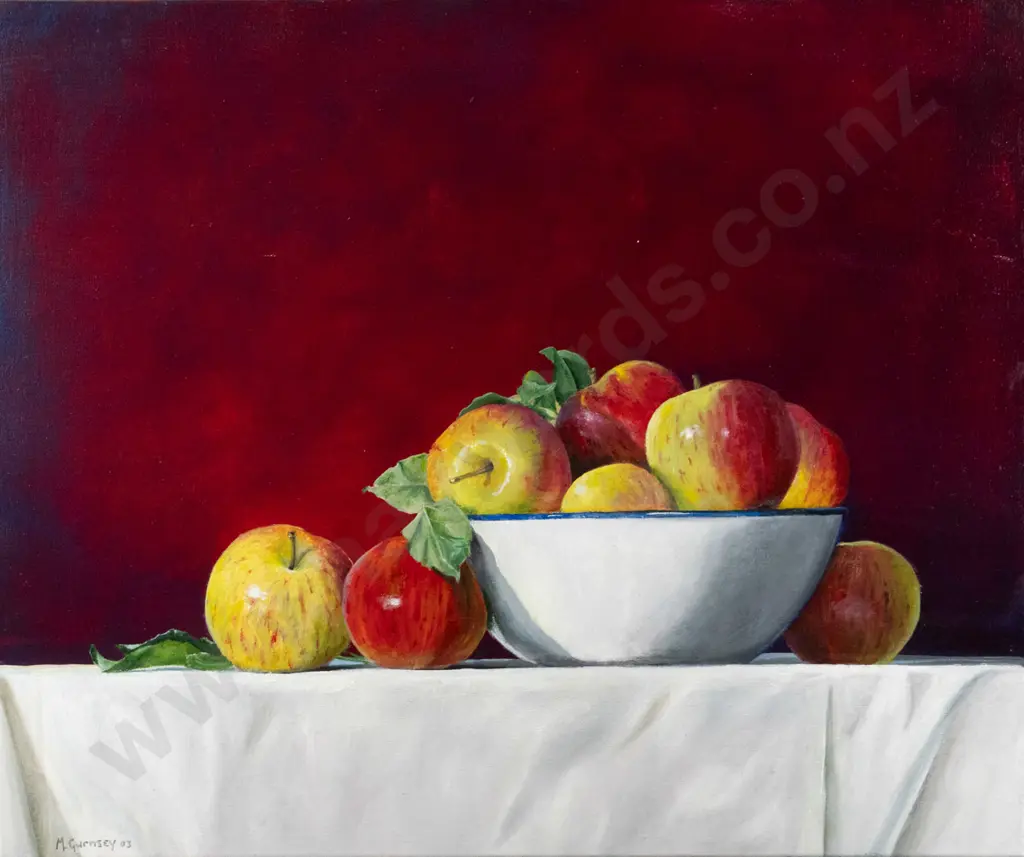 M Guernsey '03 - boxed oil on canvas - still life apples H-500 W-600 Image 1++