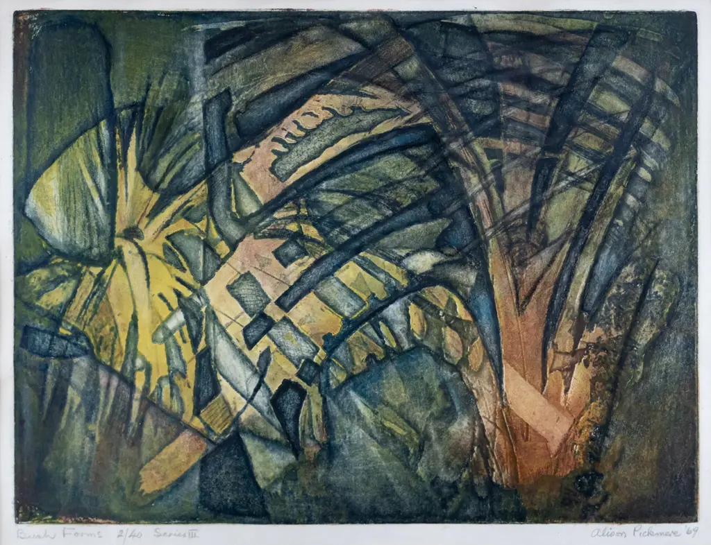 Alison Pickmere '69 - framed linocut 2/40 "Bush Forms Series III" H-370 W-490 (framing needs attention) Image 1++