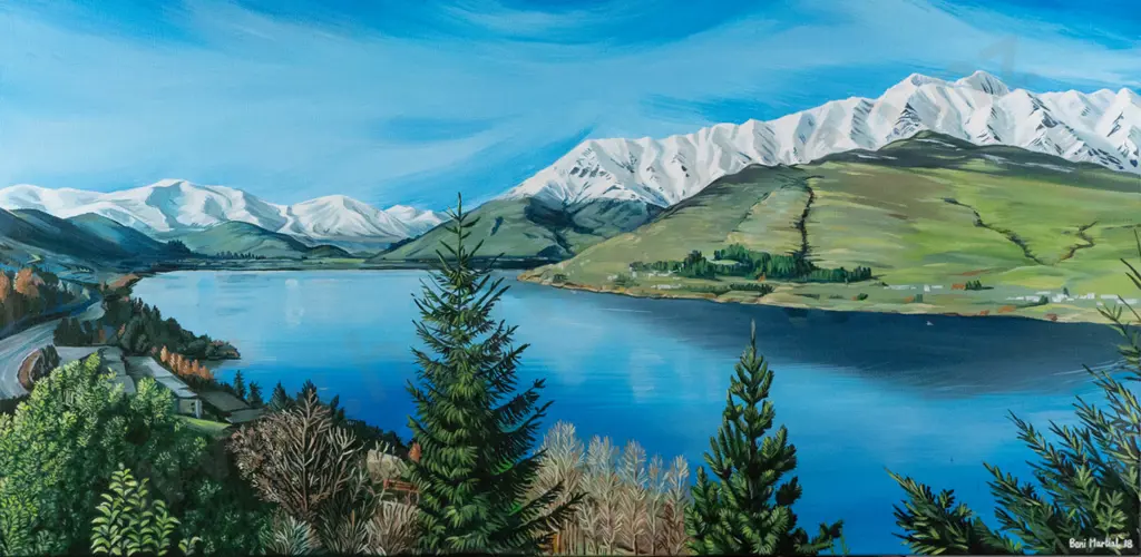 Beni Martial '18 - boxed oil on canvas - lake and mountain scene H-380 W-760 Image 1++
