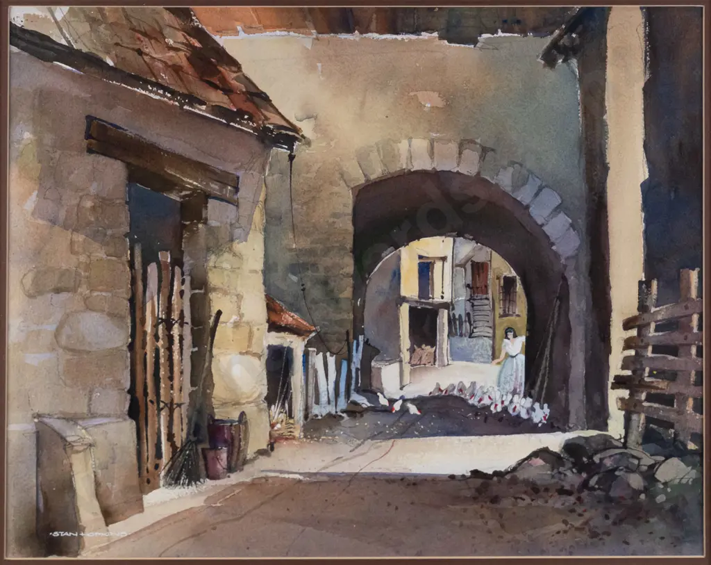 Stan Hopkins '80 - framed watercolour - woman feeding chickens H-480 W-330 Image 1++