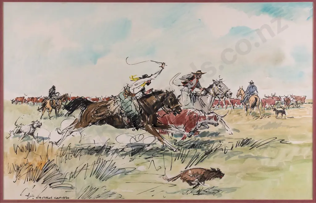 Castells Cuppro (Uraguay) - framed watercolour - cowboys H-350 W-540 Image 1++