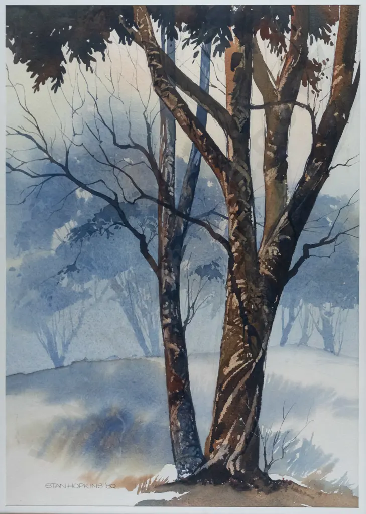 Stan Hopkins '80 - framed watercolour - trees H-480 W-330 Image 1++