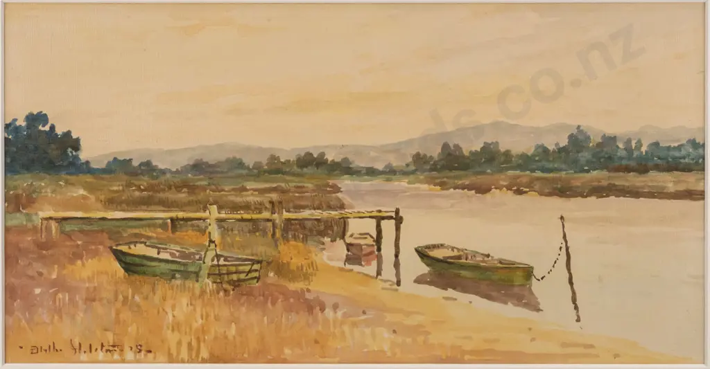 Blythe Fletcher - framed gouache - dinghy river scene H-180 W-350 Image 1++
