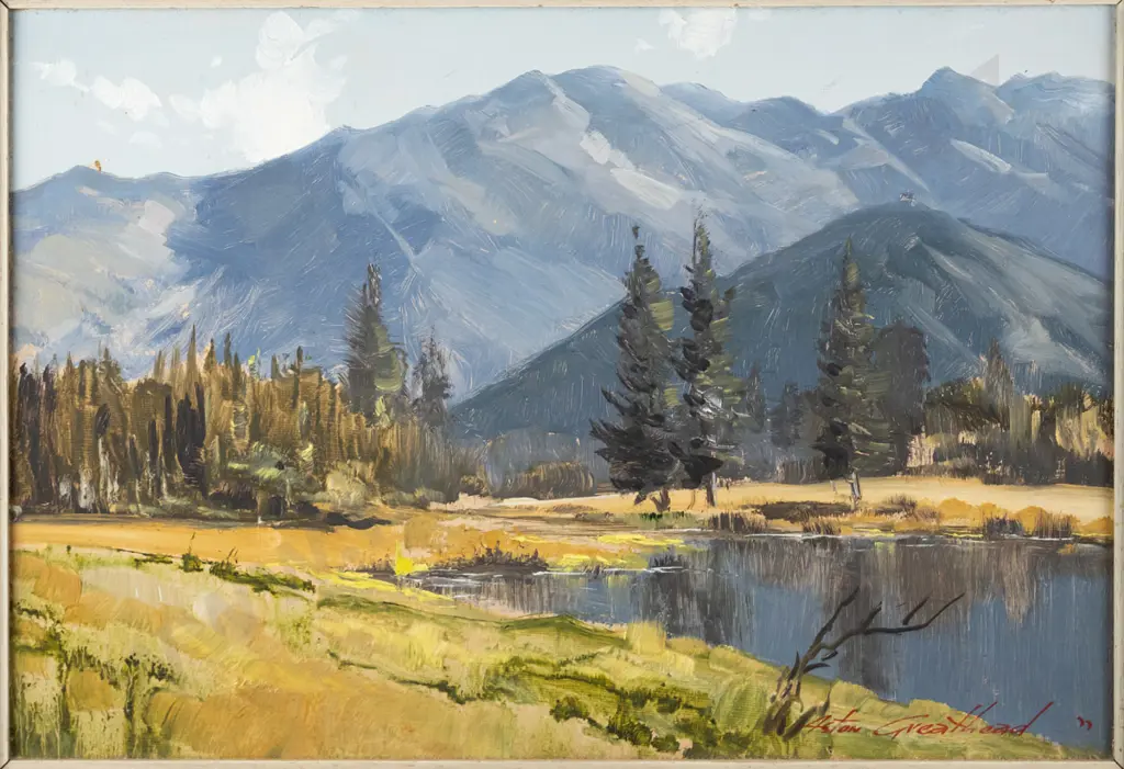 Aston Greathead - framed oil - lake and mountain scene H-270 W-390 Image 1++