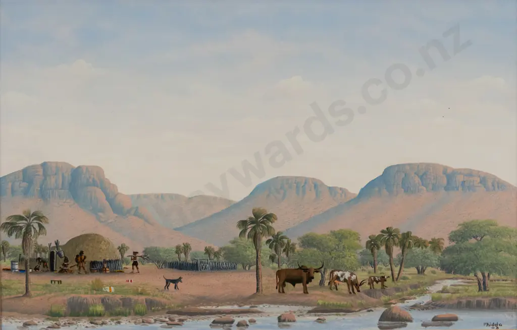 Paul Kiddo - framed oil - Nambia villagers & wildlife H-255 W-400 Image 1++