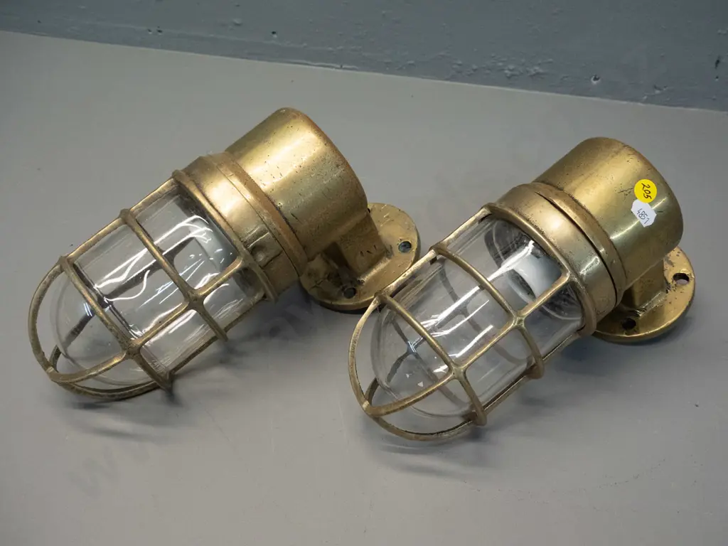 vintage pair heavy brass and glass "blast proof" bulkhead lights H-280 Image 1++