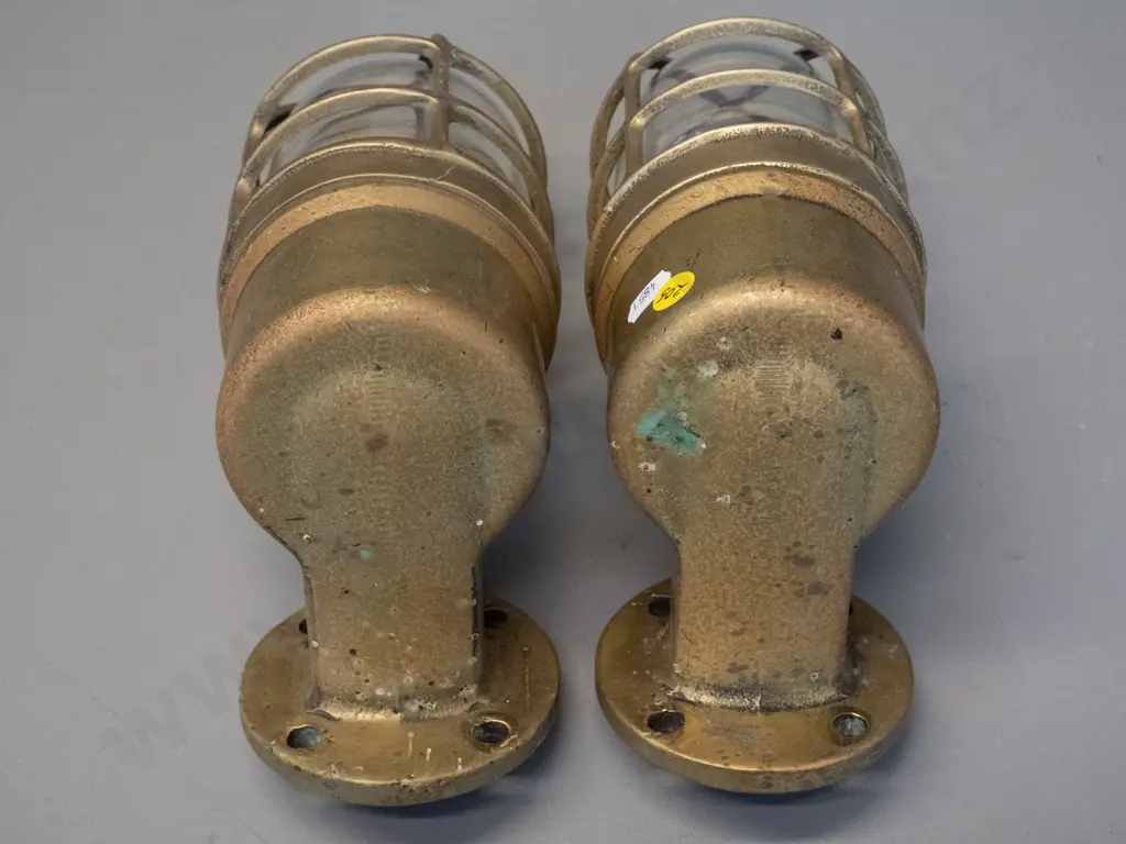 vintage pair heavy brass and glass "blast proof" bulkhead lights H-280 Image 1++
