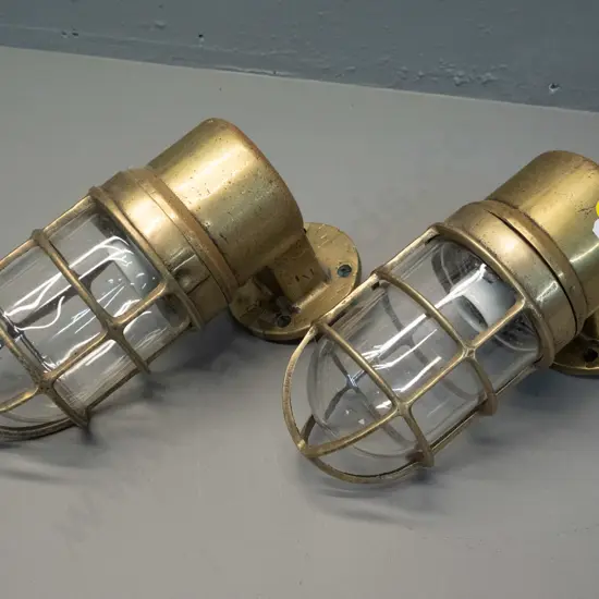 vintage pair heavy brass and glass "blast proof" bulkhead lights H-280