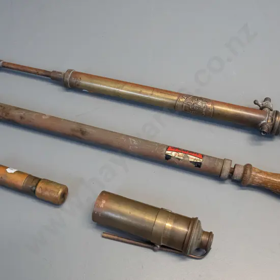 4 vintage brass items - Eclipse and Spraygen garden sprayers, spring-loaded Tecalimit grease gun, and a small item with