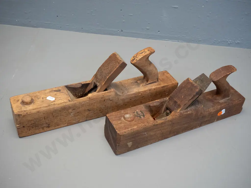2 vintage timber woodworking planes, both with Otago Education Board stamps on ends. One with blade marked Mathiesons / Image 1++