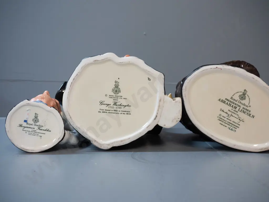3 character jugs - 3 Royal Doulton: large ltd edition Abe Lincoln, George Washington H190, Benjamin Franklin Image 1++