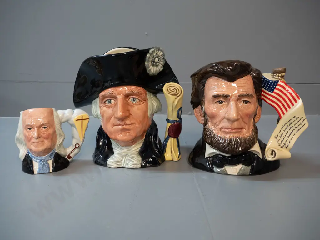 3 character jugs - 3 Royal Doulton: large ltd edition Abe Lincoln, George Washington H190, Benjamin Franklin Image 1++
