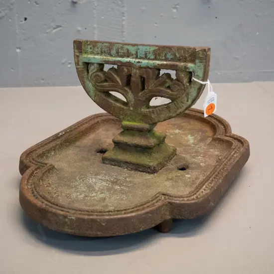 vintage cast iron boot scraper - overall surface corrosion, hard to read mark on base, might be Kenrick & No. 77