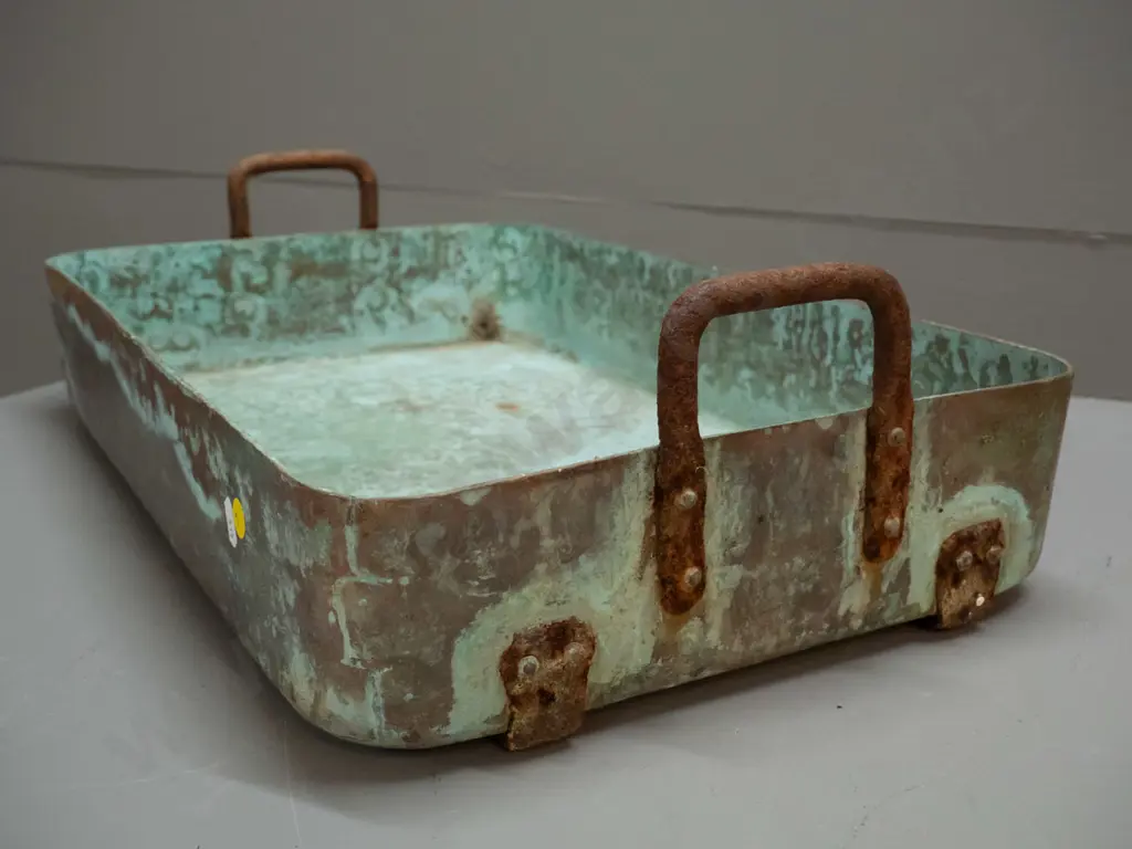 very heavy solid copper rectangular pan with cast iron handles and rails H-100 L-530 W-330 marked WR and some numbers Image 1++
