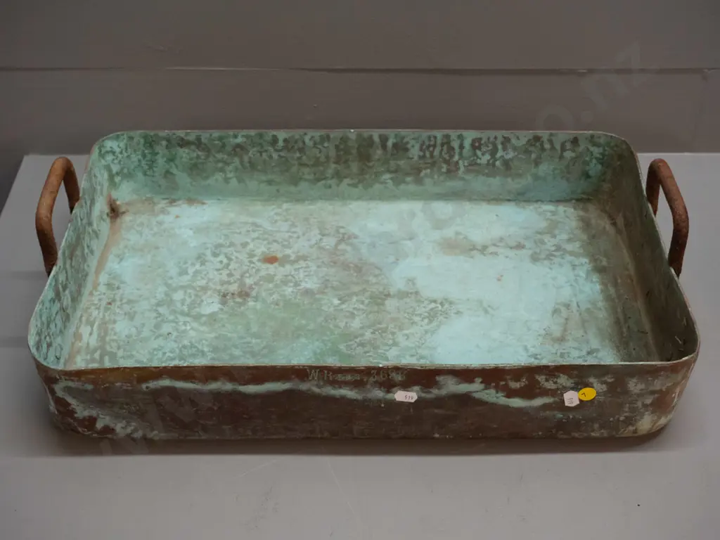 very heavy solid copper rectangular pan with cast iron handles and rails H-100 L-530 W-330 marked WR and some numbers Image 1++