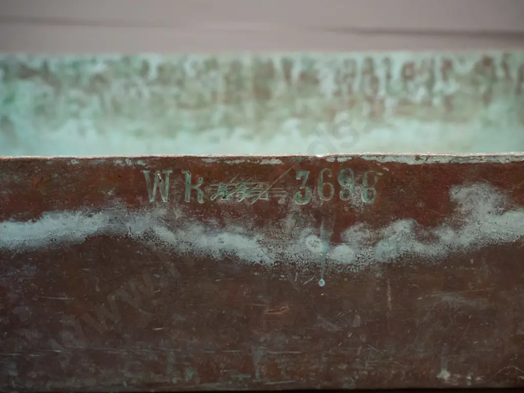 very heavy solid copper rectangular pan with cast iron handles and rails H-100 L-530 W-330 marked WR and some numbers Image 1++