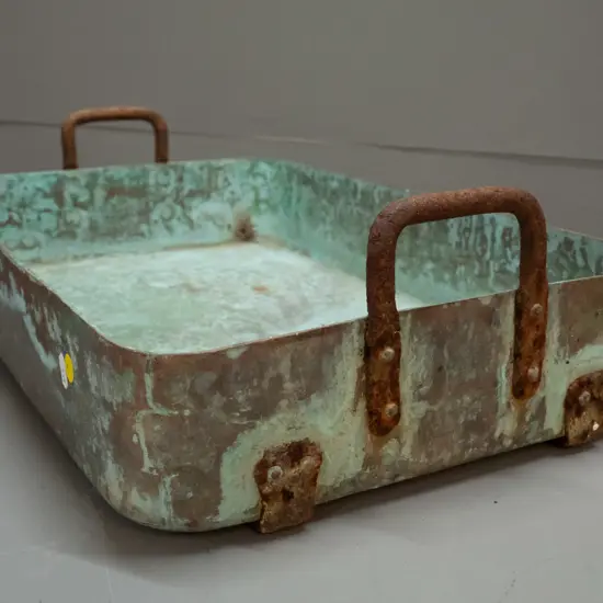 very heavy solid copper rectangular pan with cast iron handles and rails H-100 L-530 W-330 marked WR and some numbers