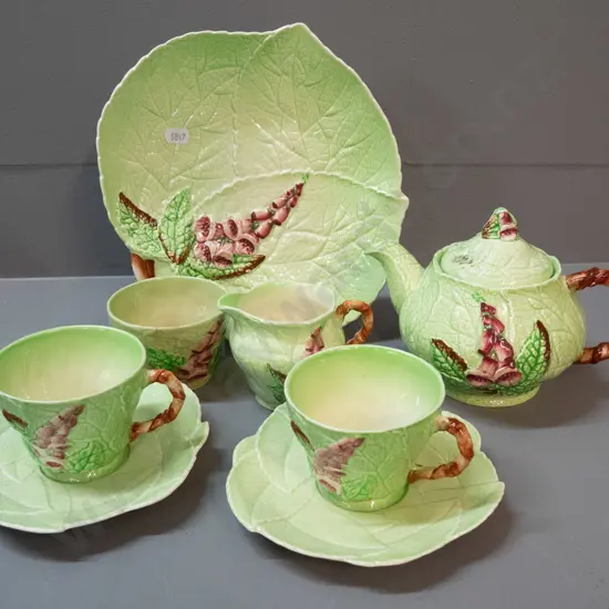 Carlton Ware foxglove tea for two - obvious repair to teapot and discolouration and crack to sugar bowl