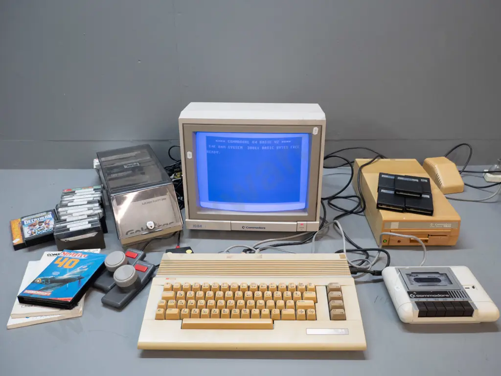 1980s Commodore 64 computer with CRT, tape drive, floppy drive, game cartridges, controllers, floppies etc - powers up, Image 1++