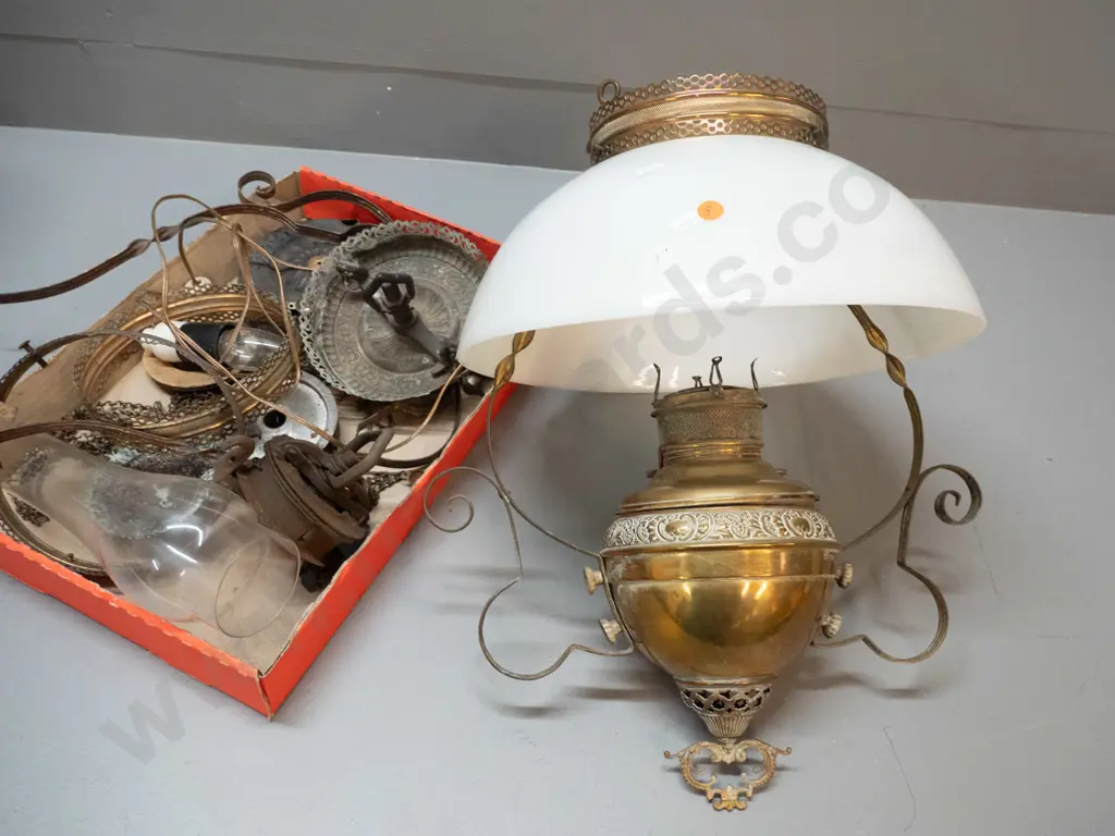 restorer's vintage rise and fall brass Miller USA kerosene lamp with milk glass shade, electrical conversion fitting, Image 1++