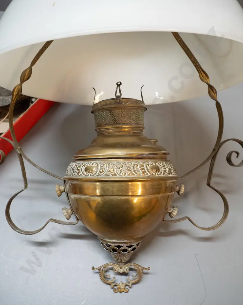restorer's vintage rise and fall brass Miller USA kerosene lamp with milk glass shade, electrical conversion fitting, Image 1++