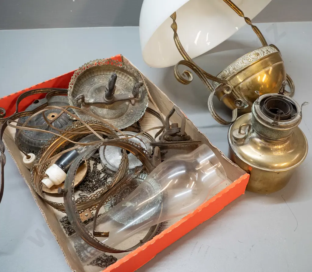 restorer's vintage rise and fall brass Miller USA kerosene lamp with milk glass shade, electrical conversion fitting, Image 1++
