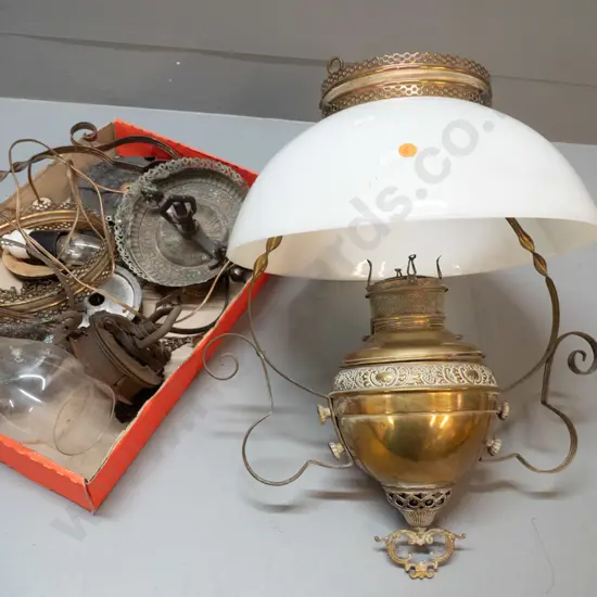 restorer's vintage rise and fall brass Miller USA kerosene lamp with milk glass shade, electrical conversion fitting,