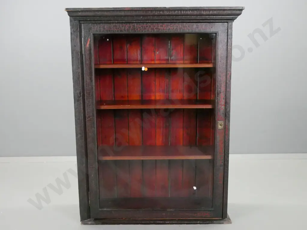 freestanding display cabinet w/ 4 adjustable timber shelves, single glazed door, distressed finish, brass ring handles, Image 1++