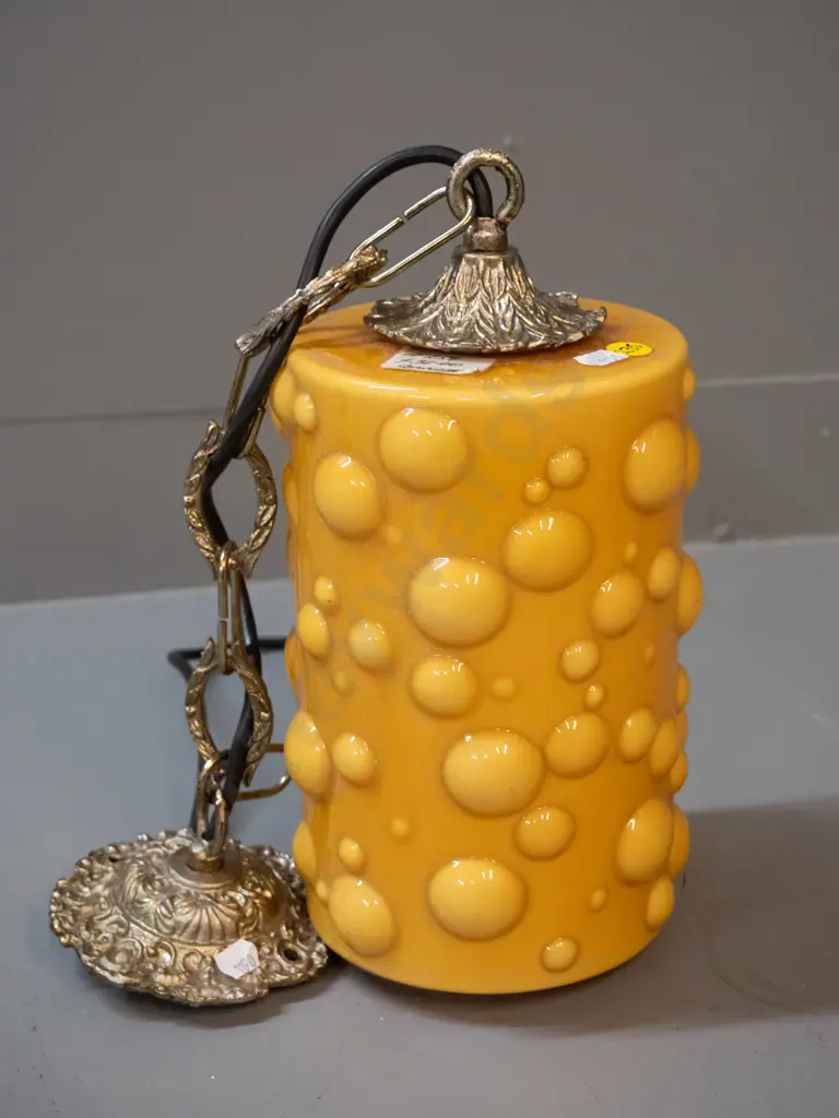 retro ceiling light shade with bubble pattern yellow glass and white inner, with cast metal fittings H-300 D-150 Image 1++