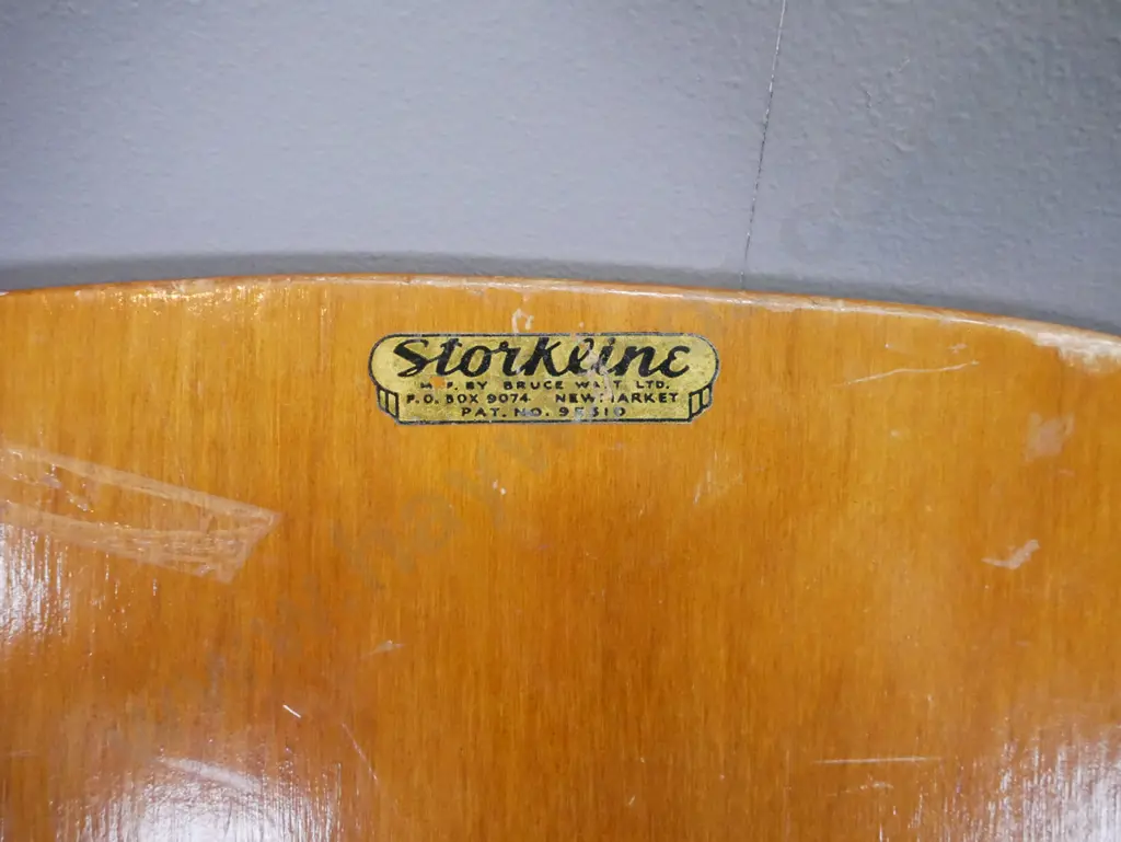 8 vintage folding chairs with rimu ply seats and backs, fluted legs, metal caps and mechanisms - some w/ original decal: Image 1++
