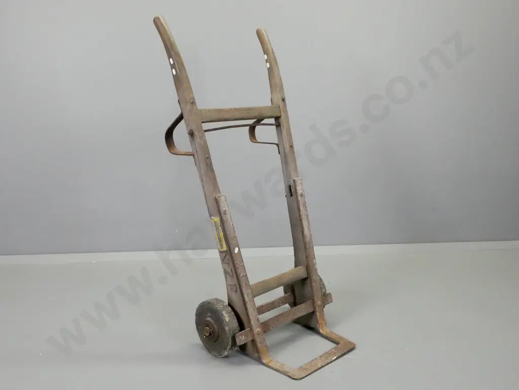 vintage Loadmaster Lower Hutt metal and timber sack barrow, hard rubber wheels, sides marked NZR. H-1100 W-500 D-440 Image 1++
